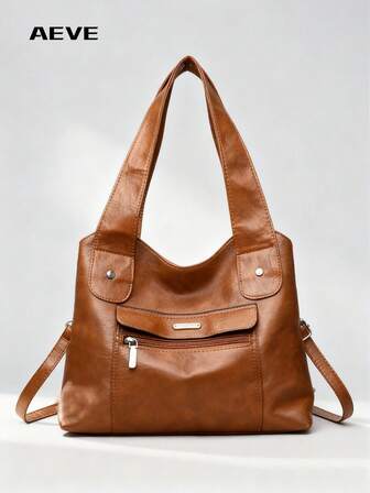 1个女士纯色复古棕色手提包，大容量多拉链口袋防水PU手提包，双提手便携户外休闲商务多功能单肩包，缝线防盗斜挎包