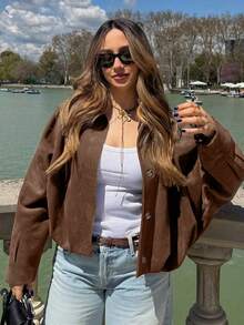 Women's Solid Color Retro European And American Style Faux Suede Jacket Short Coat, Fashion Versatile All Season Jacket - Brown - View 1