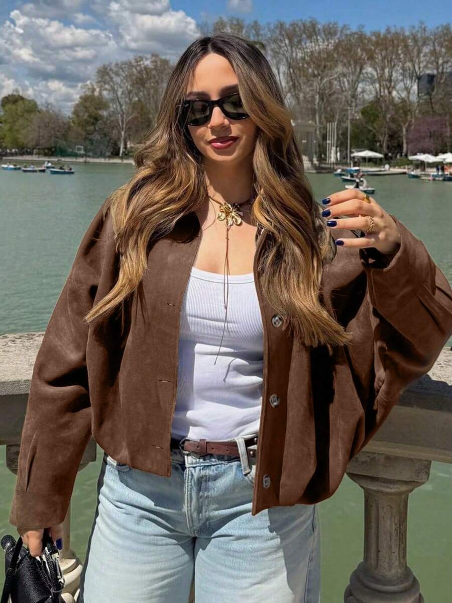 Women's Solid Color Retro European And American Style Faux Suede Jacket Short Coat, Fashion Versatile All Season Jacket - Brown - View 1
