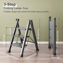 SIDIANBAN Portable 3-Step Folding Step Ladder For Adults – Lightweight Black Iron Stepladder With Anti-Slip Wide Pedals, Compact And Space-Saving Design, Perfect For Home, Kitchen, And Office Use - 黑色 - 查看 6