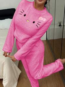 SANRIO 联名款女士舒适双面绒刺绣 Hello Kitty 猫咪短款上衣和休闲家居裤两件套 - 玫紅色 - 查看 2