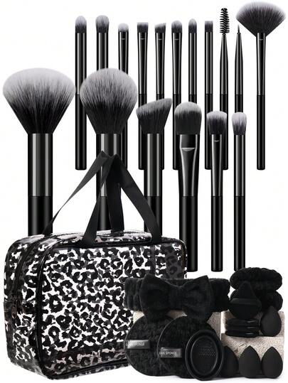 32 Peças Conjunto de Ferramentas de Maquiagem, incluindo: 17 Peças Conjunto de Pincéis de Maquiagem, 1 Peça Bolsa Multiuso com Zíper à Prova d'Água para Artigos de Toalete e Cosméticos, 4 Peças Esponjas de Maquiagem, 4 Peças Borlas de Pó Triangulares, 1 Peça Faixa de Cabelo, 2 Peças Alça de Tigela Manual, 1 Peça Ferramentas de Limpeza de Pincéis de Maquiagem, 2 Peças Esponjas de Limpeza Facial.