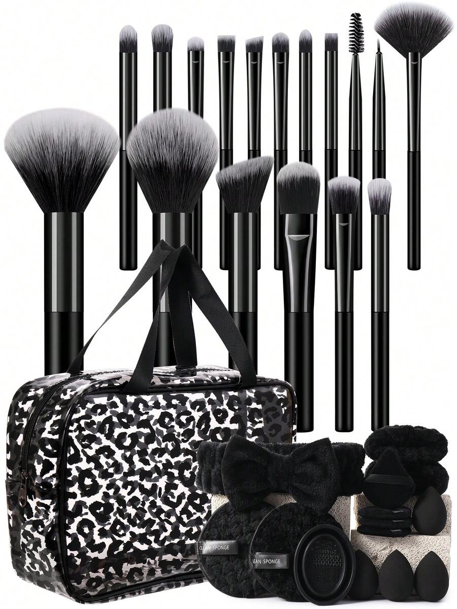 32 PEÇAS Conjunto de Ferramentas de Maquiagem, incluindo: 17 PEÇAS Conjunto de Pincéis de Maquiagem, 1 Peça Bolsa Multiuso com Zíper à Prova d'Água para Artigos de Toalete e Cosméticos, 4 PEÇAS Esponjas de Maquiagem, 4 PEÇAS Borlas de Pó Triangulares, 1 Peça Faixa para Cabelo, 2 PEÇAS Alça de Tigela Manual + 1 Peça Ferramentas de Limpeza de Pincéis de Maquiagem, 2 PEÇAS Esponjas de Limpeza Facial.