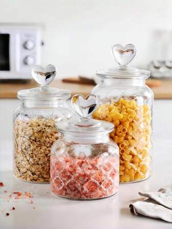 1 st hjärtformad förvaringsburk i glas med lufttätt lock, transparent godis-/mat-/krydda-/salt-/socker-/kaffe-/tebehållare, 500 ml/800 ml/1200 ml