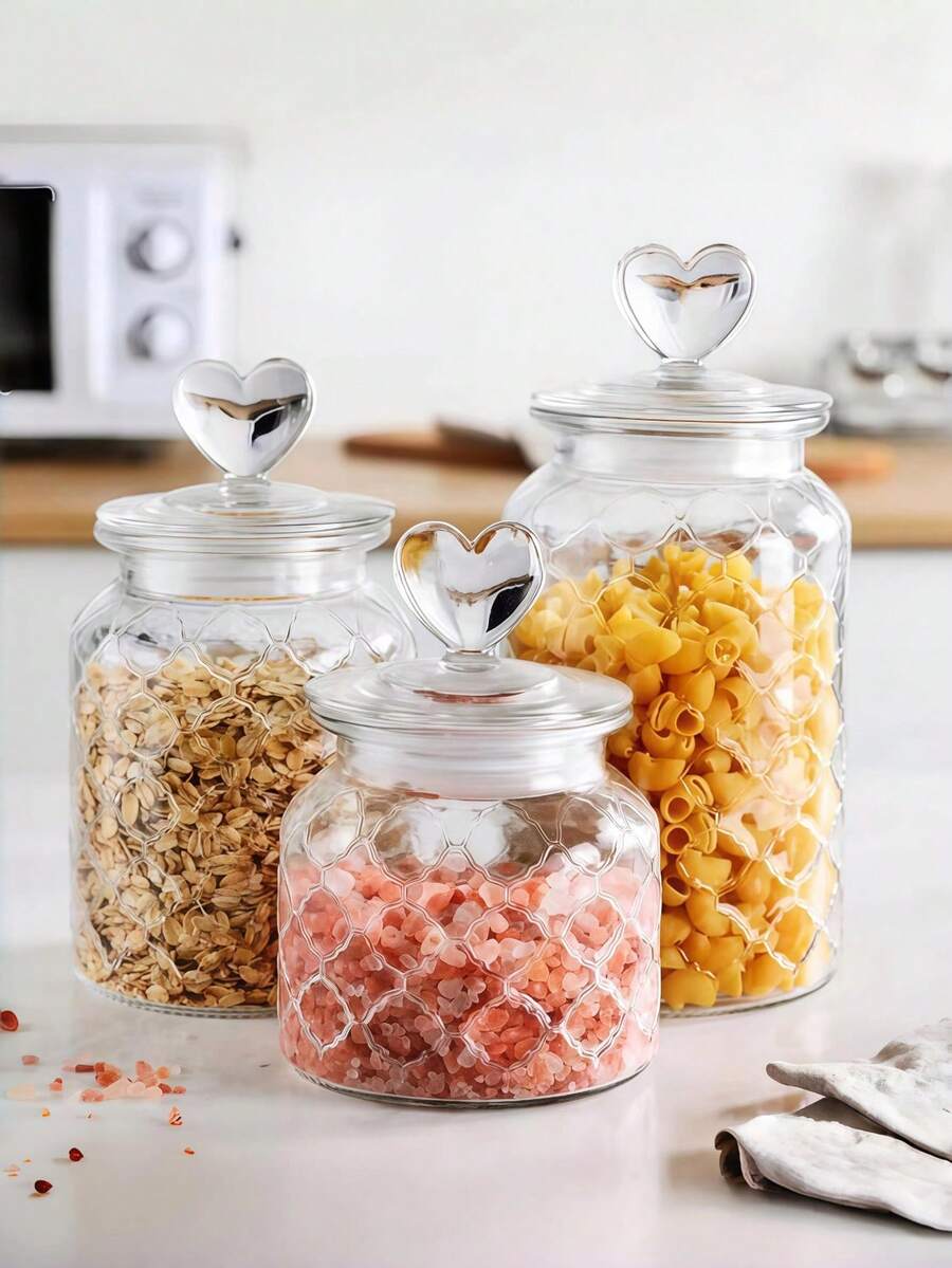 1 lọ thủy tinh hình trái tim có nắp đậy kín, hộp đựng kẹo/thực phẩm/gia vị/muối/đường/cà phê/trà trong suốt, dung tích 500ml/800ml/1200ml - Họa tiết kẻ caro trong suốt - Xem 1