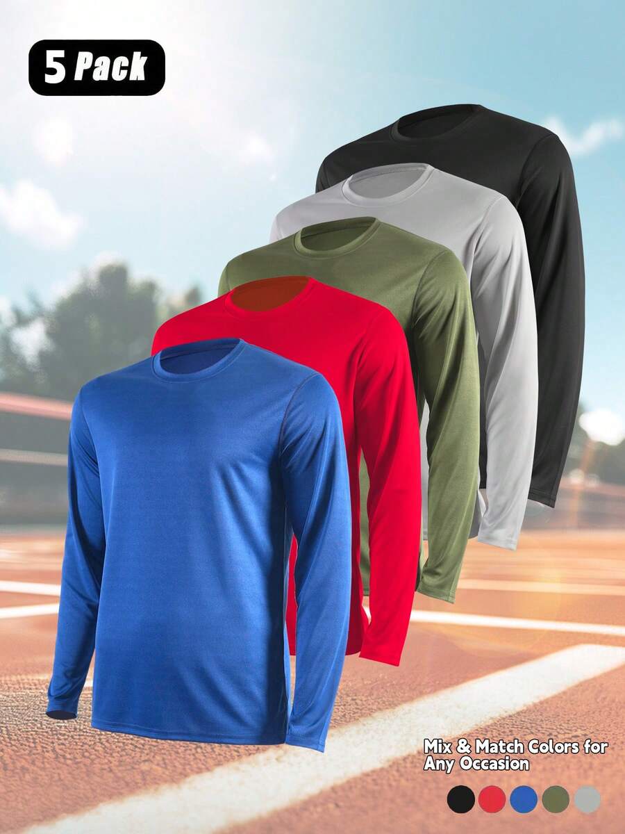 5-Pack Men's Mesh Long - Sleeve Shirts - Athletic Breathable & Quick - Dry Tops For Running, Gym Workouts And Hiking