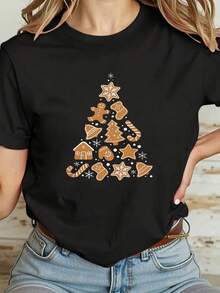 Camiseta Mujer Galletas Jengibre Navidad 100% Algodón 200g Cómoda, Diseño Árbol de Navidad Formado por Galletas Jengibre Adorables, Ideal para Meriendas Festivas y Días Familiares,  Dulces Navideños 2025, Para Mujeres Amantes de los Detalles Dulces y Festivos,playeras navideñas,blusas elegantes dama,blusas curvy mujer. - Negro - Ver 1