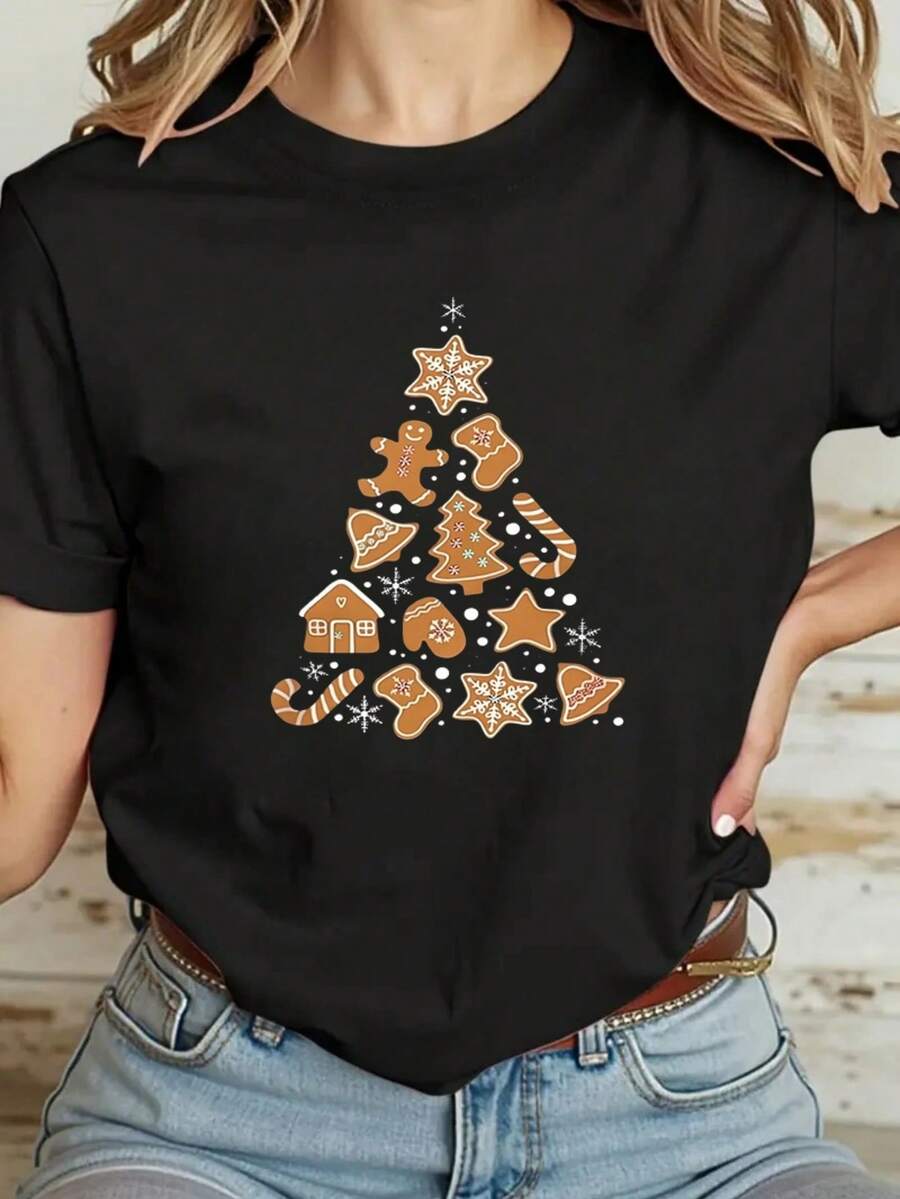 Camiseta Mujer Galletas Jengibre Navidad 100% Algodón 200g Cómoda, Diseño Árbol de Navidad Formado por Galletas Jengibre Adorables, Ideal para Meriendas Festivas y Días Familiares, Dulces Navideños 2025, Para Mujeres Amantes de los Detalles Dulces y Festivos,playeras navideñas,blusas elegantes dama,blusas curvy mujer. - Negro - Ver 1