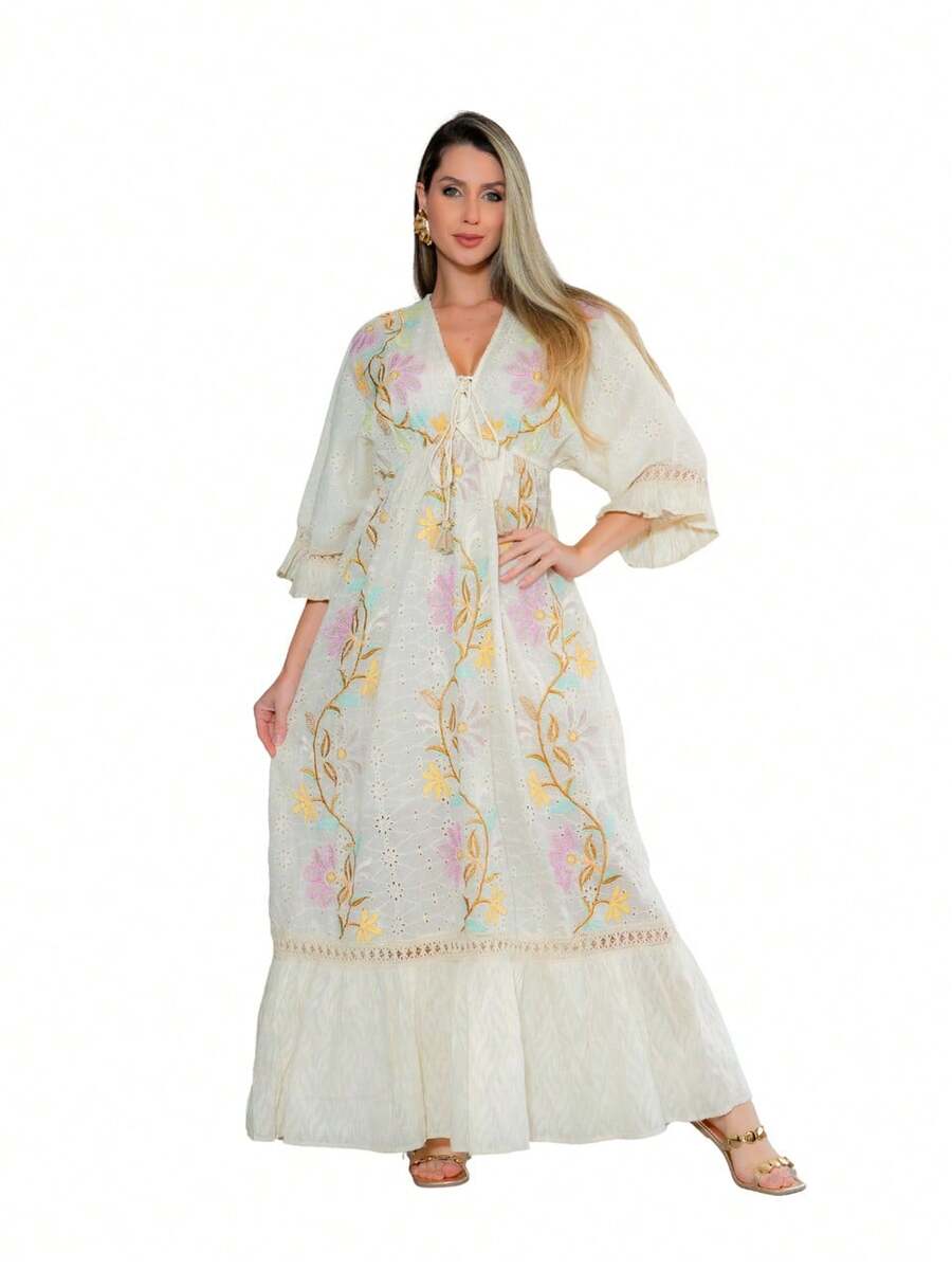 KIARA BRAZIL Floral Embroidered Long Dress With 3/4 Sleeves And V-Neck, Boho Chic Style, Elegant And Feminine For Summer - 8006 - trắng - Xem 1