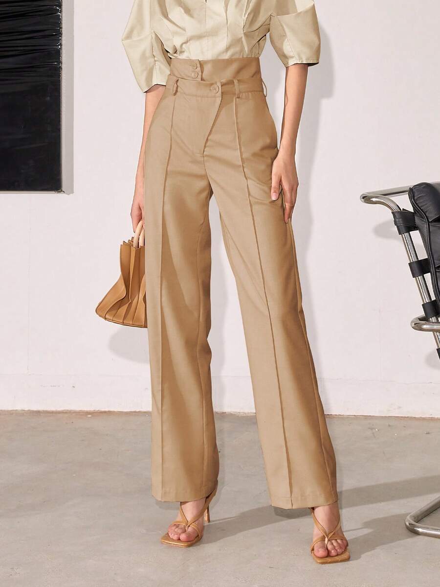 Women's Solid Color High Waisted Straight Leg Casual/Business Pants, Spring And Summer - Camel - View 1