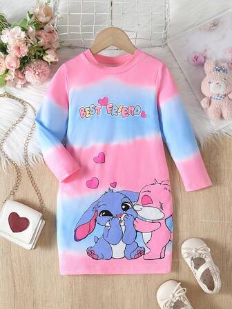 2025 Spring/Autumn Girls Cute Cartoon Print Long Dress, Round Neck