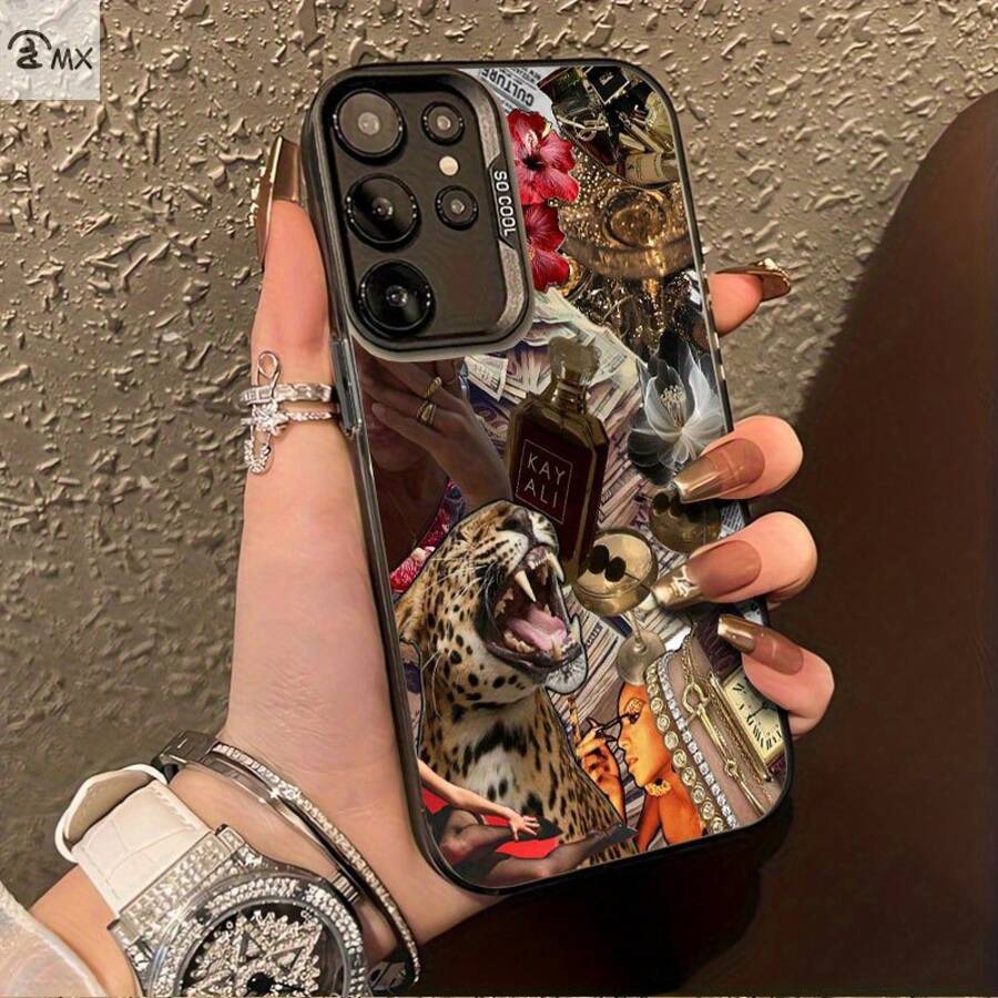 Elementos de lujo y collage de animales adecuado para fundas de teléfono Galaxy S25ULTRA, S24PLUS, S23FE, S21PRO, S22, S20+, A03S, A05S, A14, A31, A53, A34, A10, A04E, M04, A33, A35, A55, A72, A71, A70, A22, A16, A06, A20S, A54, funda de teléfono dedicada, resistente a la suciedad, a la moda, moderna, colorida, plateada IMD - Colores mixtos - Ver 1