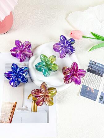 6-Piece Set Of Electroplated Colorful Dual-Color Plumeria Hair Claws, Hair Claw, Multicolored Hair Accessories, Women's Hair Styling Tool For Tidying Up Stray Hairs, Stylish And Versatile Headwear Elegant Hair Clips Fashion Hair Clutch