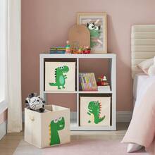SONGMICS 3 Cajas de Almacenamiento de Niños, Juego de Organizadores de Juguetes 30 x 30 x 30 cm, Cubos Plegables con Asas, para Dormitorio, Sala de Juegos, Patrones de Dinosaurios, Beige - Beis - Ver 3
