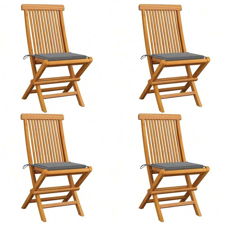 vidaXL 4 Stück Gartenstühle mit grauen Kissen, Massivholz Teak - Grigio - Visualizzare 1