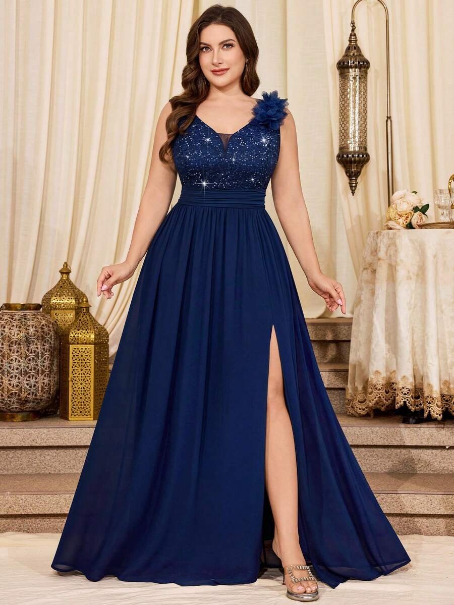 Plus Sequin Floral Lace Deep V-Neck 3D Flower Sleeveless Contrast Chiffon Split Thigh Ruched Hem Formal Party Maxi Dress, Homecoming Dress, Prom Wedding Guest Dress, For Graduation, Dinner, Formal Events - Màu xanh hải quân - Xem 1