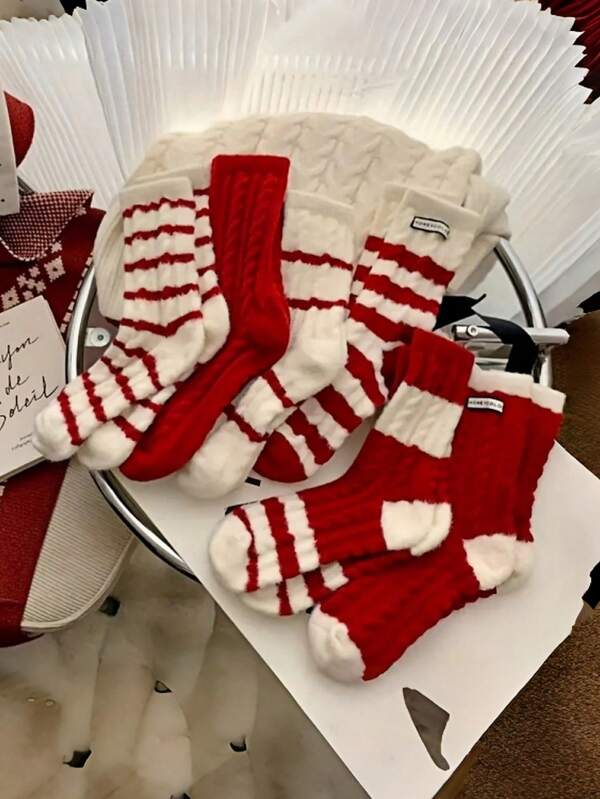 2 pares de calcetines rojos a rayas de moda de invierno, calcetines rojos de Navidad para mujer, atuendo navideño, calcetines de Año Nuevo, calcetines rojos, atuendo de ambiente navideño