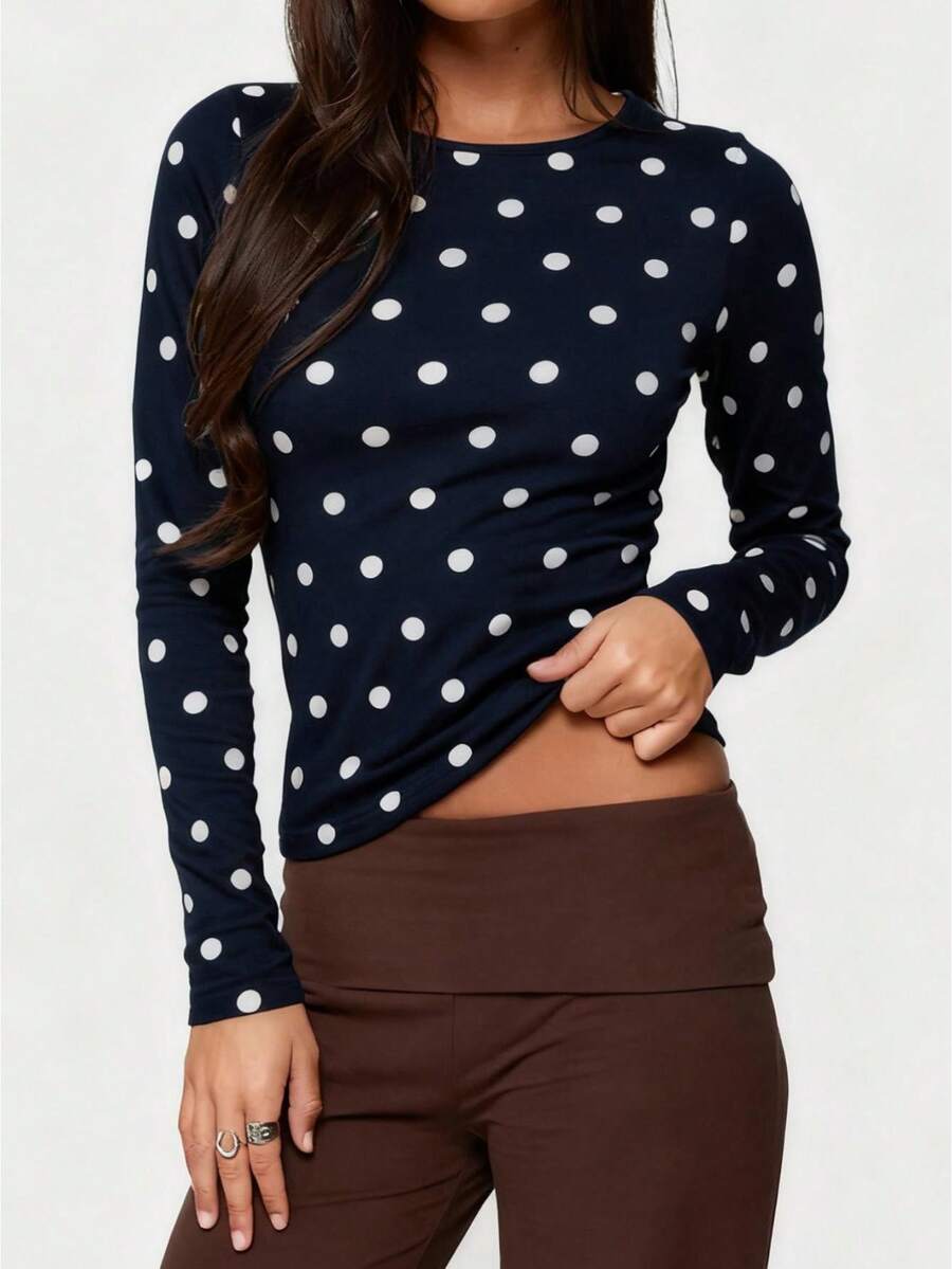 Women Long Sleeve Shirts Dots Print Slim Fit Tops Basic Tee 2025 Fall Outfits Casual T-Shirt Underscrubs Layer Clothes - 黑色 - 查看 1