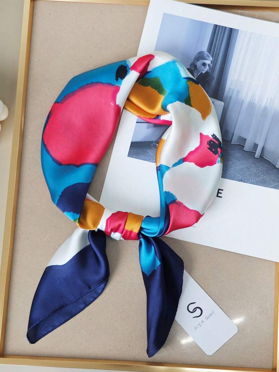 1PC Imitated Silk Printed Scarf Square Headband Hair Band Multi-Function Fashion Neckerchief, Suitable For Daily Use Silk Scarves Bandana - Royal Blue - View 1
