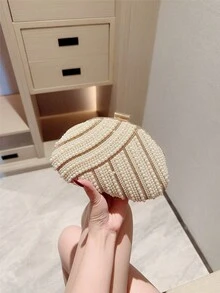 月光之夜手拿包 - 优雅仿珍珠盒式手拿包，浪漫婚礼派对手提包，饰以奢华水晶，适合正式新娘活动、婚礼手拿包 - 米色 - 查看 6