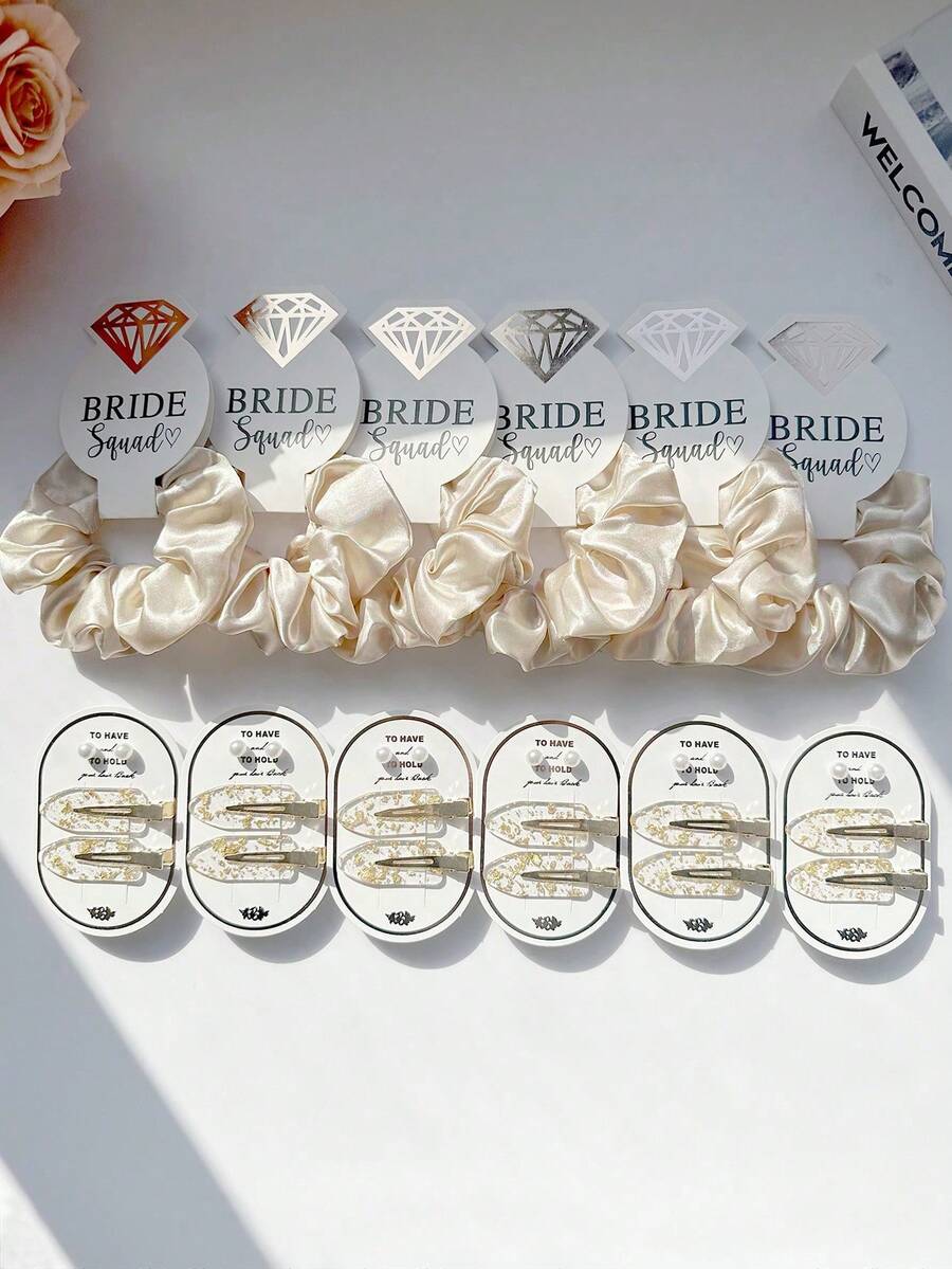 2 Sets Elegant Satin Hair Scrunchies & Faux Pearl Hair Clips Set, Gold Foil Hair Clips, Bridal Party Crystal Hair Scrunchies, Damage-Free Hair Accessories, Suitable For Weddings, Engagements, Bachelorette Parties, Hair Decor, School Supplies, Gifts, Head Accessories