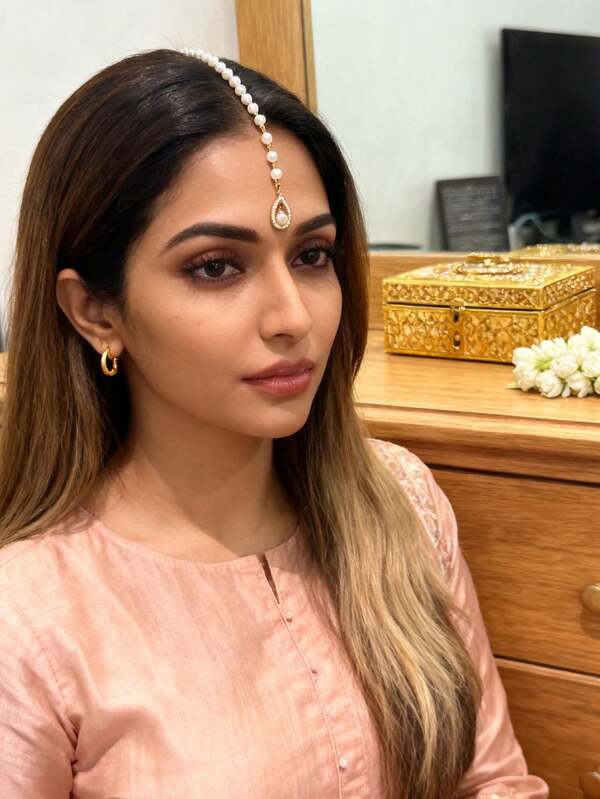 1pc Copper Water Drop Faux Pearl Decor Elegant Hair Clip & Chain For Women