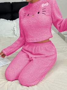 SANRIO 联名款女士舒适双面绒刺绣 Hello Kitty 猫咪短款上衣和休闲家居裤两件套 - 玫紅色 - 查看 5