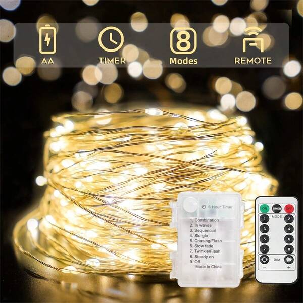 YEYAYU 1 pezzo Luci a filo di rame a LED da 50/100/200 luci, impermeabili, alimentate a batteria, con telecomando, 8 modalità, adatte per feste, balconi, prati, giardini, camere da letto, illuminazione interna ed esterna, decorazioni natalizie