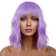BARSDAR Purple Short Bob Wig With Bangs For Women Loose Wavy Wig Curly Wavy Shoulder Length Synthetic Bob Wigs For Girl Halloween Costume Cosplay Daily Use - 紫色 - 查看 2