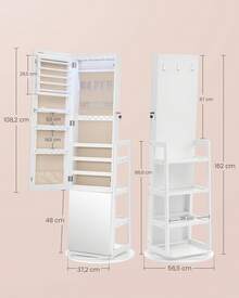 Armoire à Bijoux, Rangement à Bijoux, Miroir Intégral, 4 Étagères de Rangement, Éclairage Intégré, Rotation à 360°, pour Chambre, Dressing ou Entrée, Blanc Nuage - Blanc - Voir 6