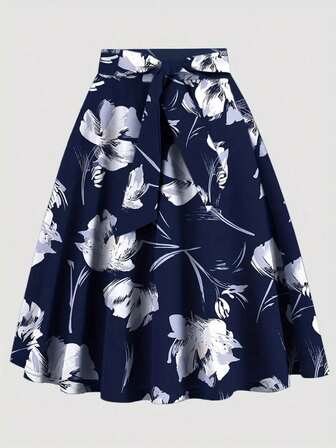 大码女式宝石点缀玫瑰纯色高腰中长裙，优雅