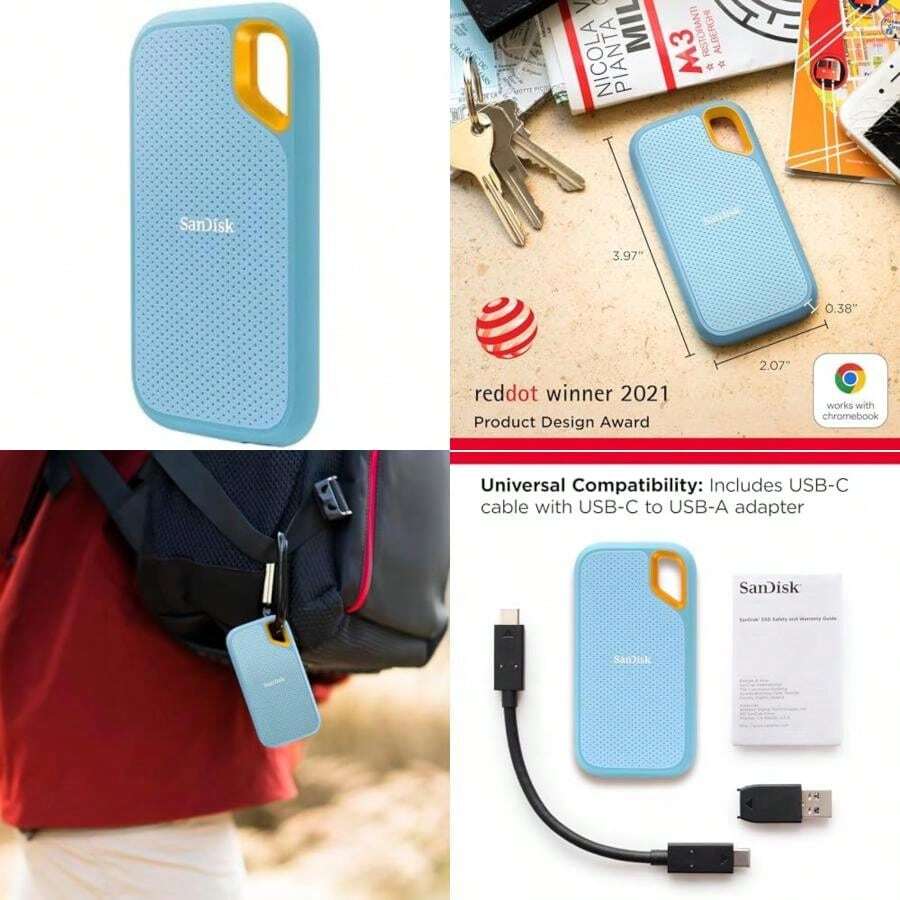 SSD portátil Extreme de - hasta 1050 MB/s, USB-C, USB 3.2 Gen 2, IP65 Resistencia Agua y Polvo, Firmware actualizado, Azul Cielo, Unidad Externa de Estado sólido -(Azul-cielo 4 TB) - Tipo 1 - Ver 1