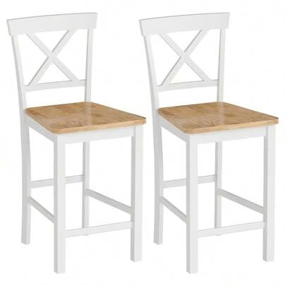 HOMCOM Set Of 2 Bar Stools With Backrest And Footrest, Rubberwood, For Kitchen, Dining Room, Bar, Oak+White