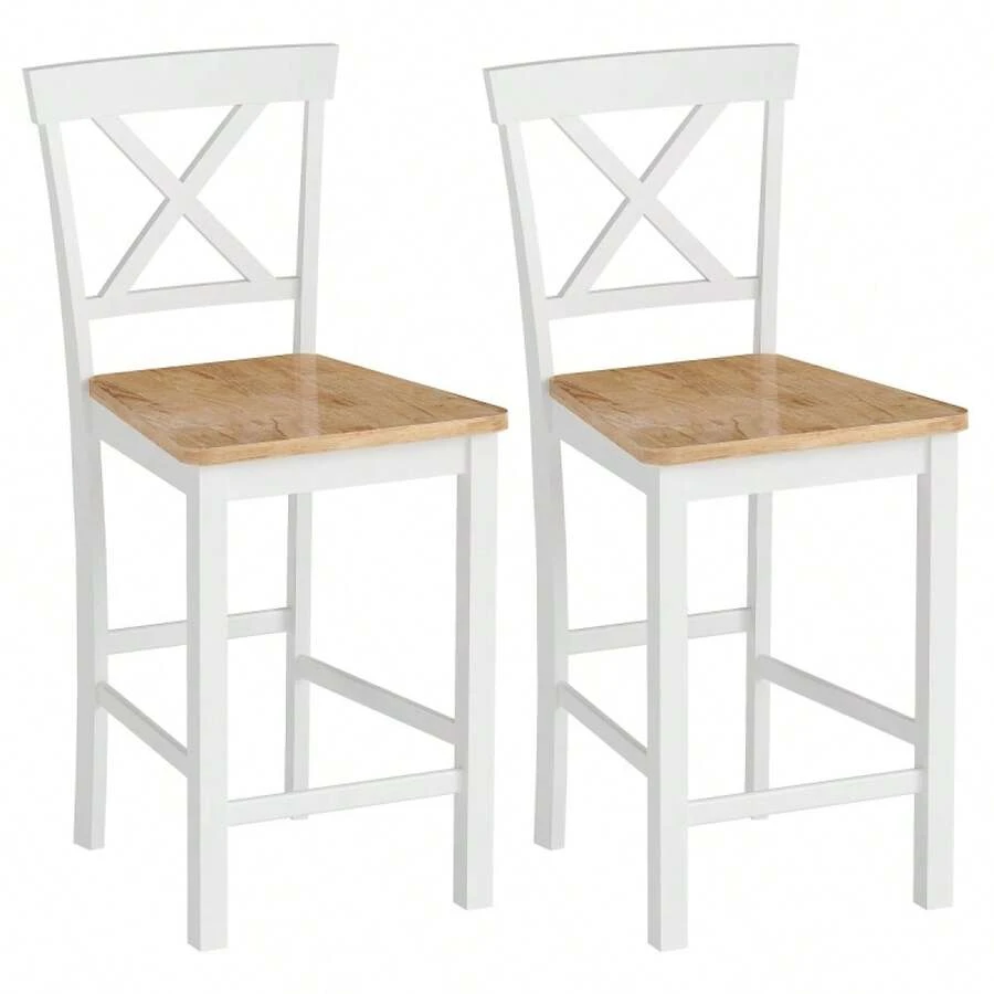 HOMCOM Set Of 2 Bar Stools With Backrest And Footrest, Rubberwood, For Kitchen, Dining Room, Bar, Oak+White - 1 - 查看 1