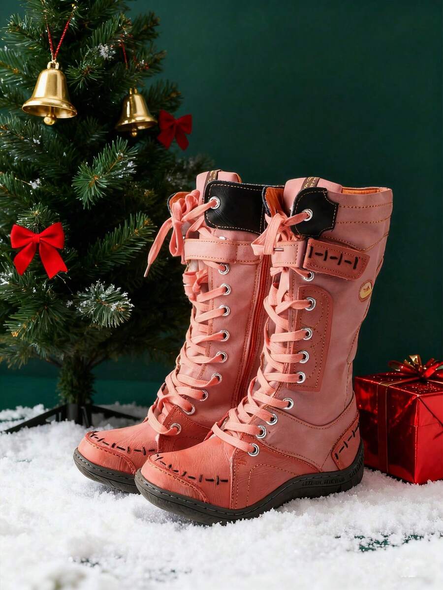 1 Pair TMA EYES Oranger Women's Artisan Aged Leather Boots - Mid-Calf Vintage Boots With Side Zipper, Hand-Crafted Stitching & Non-Slip Sole,Boots For Women - 橘色 - 查看 1