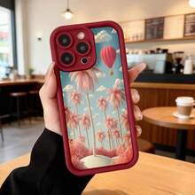 Cubierta de teléfono con borde negro diseño de palmeras rosadas y globo aerostático cielo azul para uso diario en cafeterías y viajes Aplicable a los teléfonos de la serie Apple y Galaxy - Burdeos - Ver 2