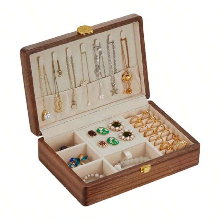 QY- Wooden Jewelry Box For Women Jewelry Organizer Box With Lock Jewelry Holder Organizer For Necklace Ring Earring -9929 - KT60250Đai ốc đơn màu nâu - Xem 1