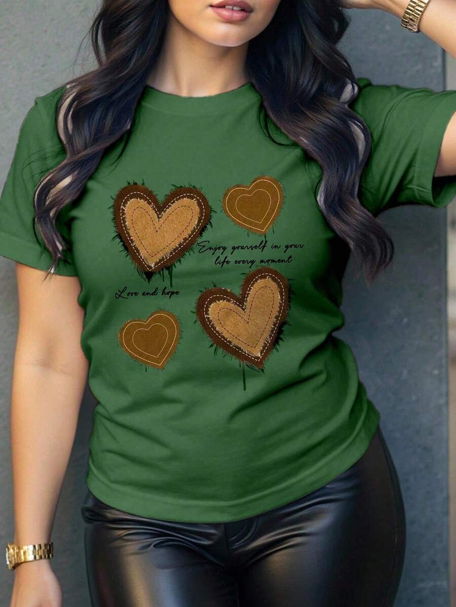 Camiseta de mujer estilo casual con apliques de corazón y detalles impresos, corte holgado, cuello redondo, manga corta, primavera/verano, uso diario - Verde - Ver 1