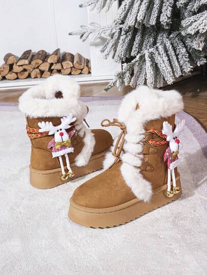 Joyful Reindeer Ornament - Cute Long-Legged Little Reindeer Design, 1 Pair Of Women's Winter Plush Warm Snow Boots, Camel Fashionable Plush Thick-Soled Women'S Boots With Plush Details, Warm And Comfortable, Suitable For Christmas/Halloween/Thanksgiving/Outdoor And Daily Wear