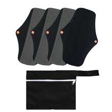 Conjunto com 4 unidades + 1 bolsa impermeável preta. Absorventes menstruais reutilizáveis e laváveis em tecido. Protetores diários reutilizáveis.