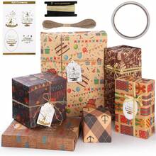 6 Piezas Papel de Regalo Kraft Cumpleaños, Papel Regalo Plegado con 1 Cinta 1 Cuerda de Cáñamo 1 Cinta de Doble Cara 8 Etiqueta de Regalo para Cumpleaños Aniversarios-70x50cm GTW3 - F - Ver 6