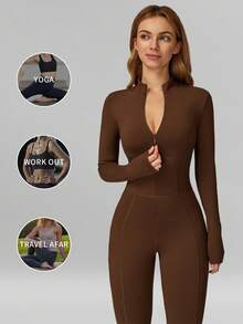 MFVIM Deep Brown Slim Fit Thermal Jumpsuit, Comfortable Casual Sexy Activewear For Yoga, Gym, Running And Workout, Versatile Autumn/Winter Jumpsuit - Coffee Brown - View 6