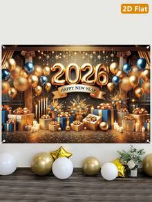 1件2026新年快乐金色背景横幅，新年气球形状涤纶悬挂旗帜背景布，庆祝派对家居房间家庭活动拍照背景墙装饰，新年礼物，花园庭院装饰花园旗帜，悬挂装饰，派对拍照道具，2026新年装饰，派对礼品 - AI新年風格A款 - 查看 8