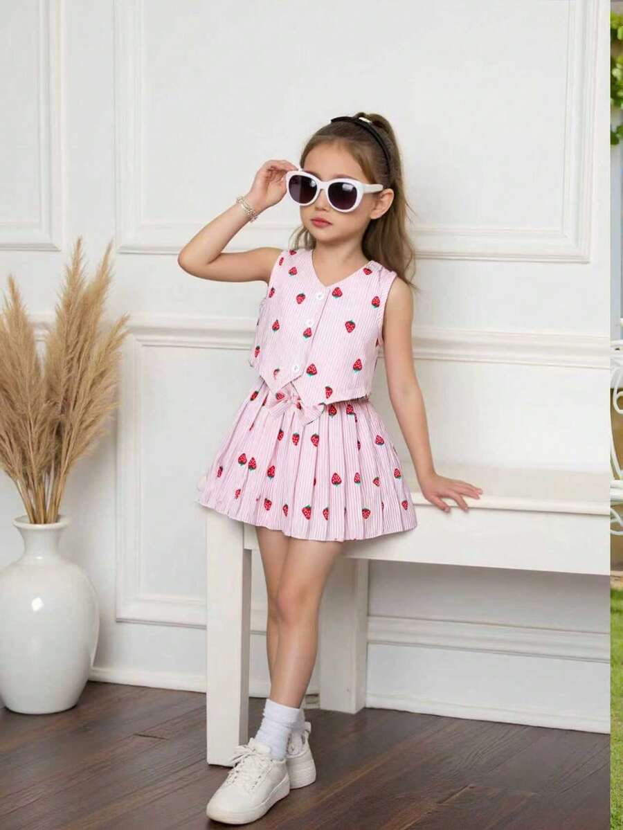 Bộ 2 món/Bộ trang phục thời trang thanh lịch mùa hè cho bé gái mới biết đi, Áo vest in họa tiết dâu tây sọc hồng + Chân váy xếp ly in họa tiết dâu tây sọc hồng phù hợp, Thích hợp cho bé gái mặc thường ngày - Hồng - Xem 1