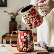 1pc 700ml Hand-Painted Floral Pattern Ceramic Coffee Mug - Multipurpose Kitchen & Dining Cup, Handmade Ceramic Mug & Water Cup - Multicolor - View 2