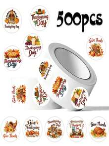 500Pcs/Roll Festive Thanksgiving Stickers Roll - 10 Patterns Repeating, Cute Turkey Pie Themed Decals For Phone Metal Stickers, School Pencil Case, Gift Wrapping & DIY Crafts Supplies - Multicolor - View 3