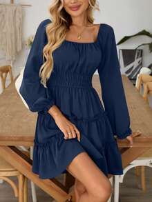 1 pieza Vestido de mujer con cuello cuadrado, manga larga, volantes escalonados, corte evasé, vestido mini fluido con bolsillos - Azul Marino - Ver 3