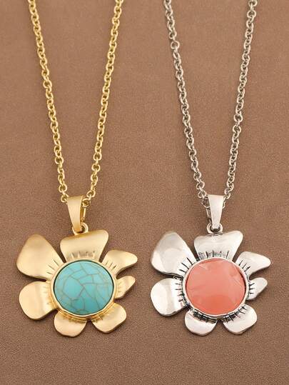 1 Pezzo Collana con Ciondolo a Fiore Grande in Finto Turchese Colore Oro/Argento Opaco, Collana Dichiarazione con Ciondolo a Fiore Grande per Uso Quotidiano da Donna, Catena da 24"+2" Estensibile