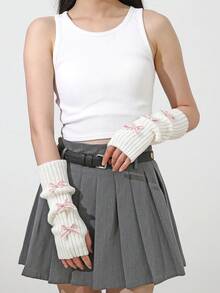 1對花卉袖套，女孩Y2K美學針織露指手套，花卉學院風鬆口袖口，柔軟保暖冬季袖套 - 蝴蝶結 - 查看 6