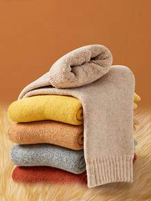 1/3/5/10/15 Pairs Women's Solid Color Thick Thermal Lined Warm Breathable Mid-Calf Socks, Cozy Socks